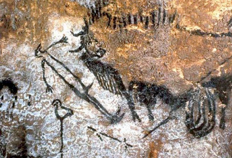 El hombre con cabeza de pájaro, detalle de la escena del pozo en la caverna de Lascaux. Hacia el año 13,500. Obra citada por Bataille en Las lágrimas de Eros.