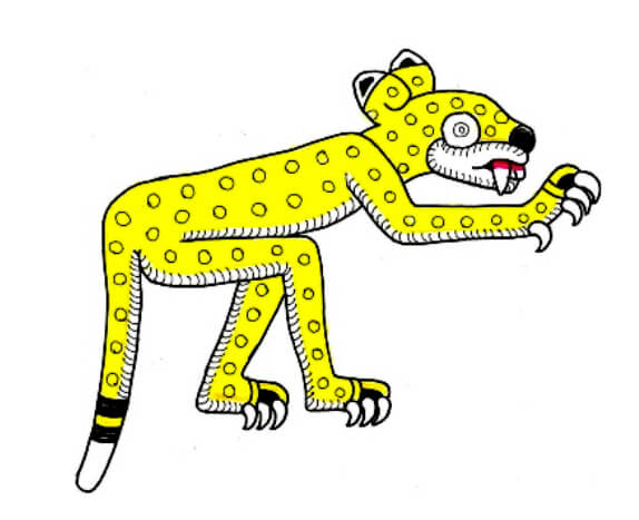 Puede observarse que el rostro del Jaguar y el brazo es casi una calca del que se presenta en la imagen.  Imagen tomada del Códice Feyervary-Mayer (Foja 26).