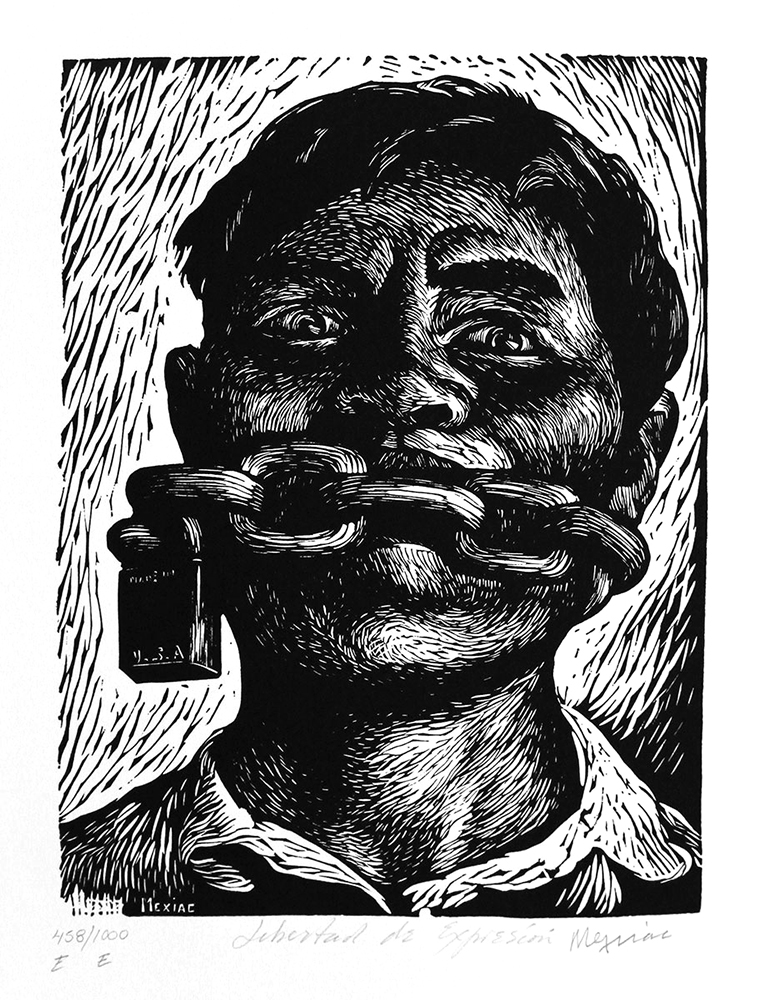 Libertad de expresión, (1954) de Adolfo Mexiac. Linóleo