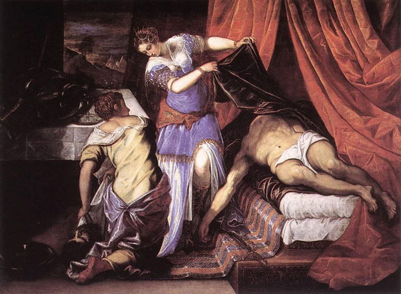Tintoretto, Judith y Holofernes. Museo del Prado, Madrid. Obra citada en Las lágrimas de Eros de Bataille. Como en la anterior observamos la unión de los contrarios.