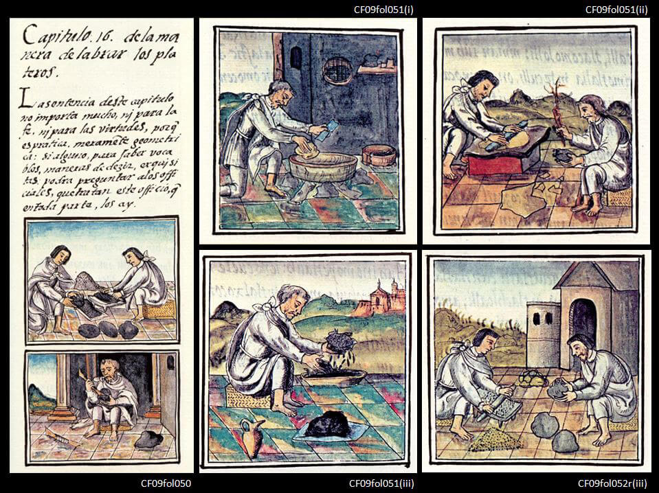 Figura 1. Ilustraciones del proceso del vaciado a la cera perdida del Códice Florentino. 