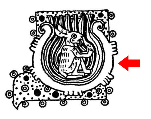La representación de la Luna, puede observarse un conejo dentro de una jícara para beber pulque; el conejo representa la “locura” causada por la embriaguez. Imagen tomada del Códice Borgia (Foja 55).