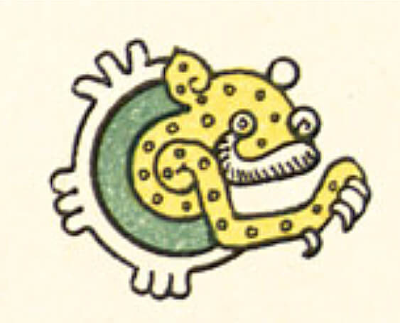 Imagen en la que se inspiró Spratling para el diseño del broche del Jaguar–Luna, puede observarse que los elementos del jaguar y la luna no corresponden a esta imagen, pero si la composición de los elementos. Imagen tomada del Códice Feyervary-Mayer (Foja 5).