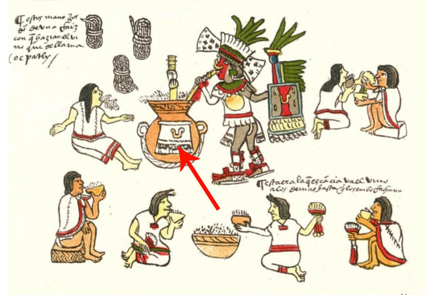 El pulque era la bebida alcohólica ritual con la que los mexicas acompañaban sus fiestas. La flecha señala la forma estilizada del corte transversal de una jícara para beber pulque. Imagen tomada del Códice Magliabechiano (Foja 85r).