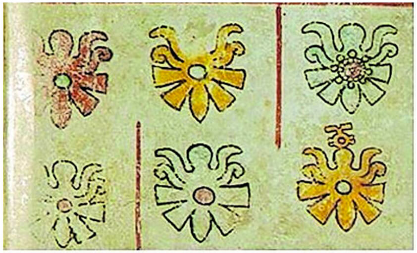 Mariposas en el Códice Becker (Foja 8) en el estilo de la representación de los códices de la tradición Mixteco-Puebla del posclásico.