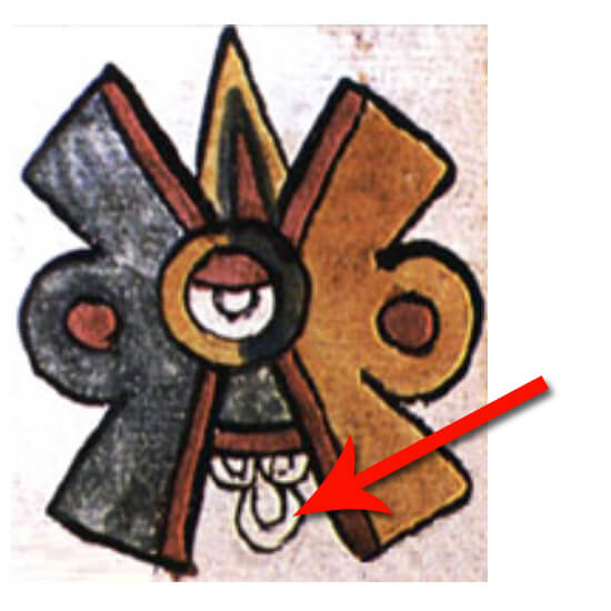 Símbolo de Ollin (movimiento) La flecha señala el chalchihuite que en el diseño de Spratling se duplica en la parte de arriba suprimiendo el de rayo. Imagen tomada del Códice Magliabechiano (Foja 13r).
