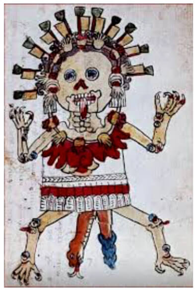 La representación de corazones asociados a la vida y a la muerte en diversas deidades como Coatlicue (Falda de serpientes) o Mictlancíhuatl (Señora del Mictlan o de la Región de entre los muertos). Imagen tomada del Códice Tudela.