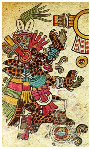 Dios Tezcatlipoca en su advocación de Tepeyóllotl, Corazón de la montaña (Foja 3 Códice Borbónico), la representación de su Nagual es un Jaguar. En las representaciones de Nahuales suele representarse a los animales en posiciones humanas (sentado o de pie sobre sus patas traseras). Imagen tomada del Códice Borbónico.