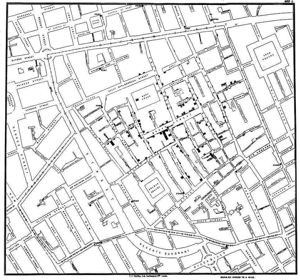 Mapa sobre el cólera elaborado por John Snow en 1854.