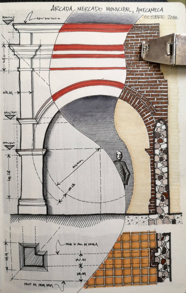 Croquis del portal del Mercado Municipal de Amecameca, Edo. de Méx. Dibujo a tinta y plumón.
